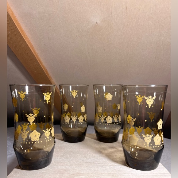 Libbey Other - Set of 4 1960s Libbey Glass Brown Glass Tumblers with Yellow Flowers